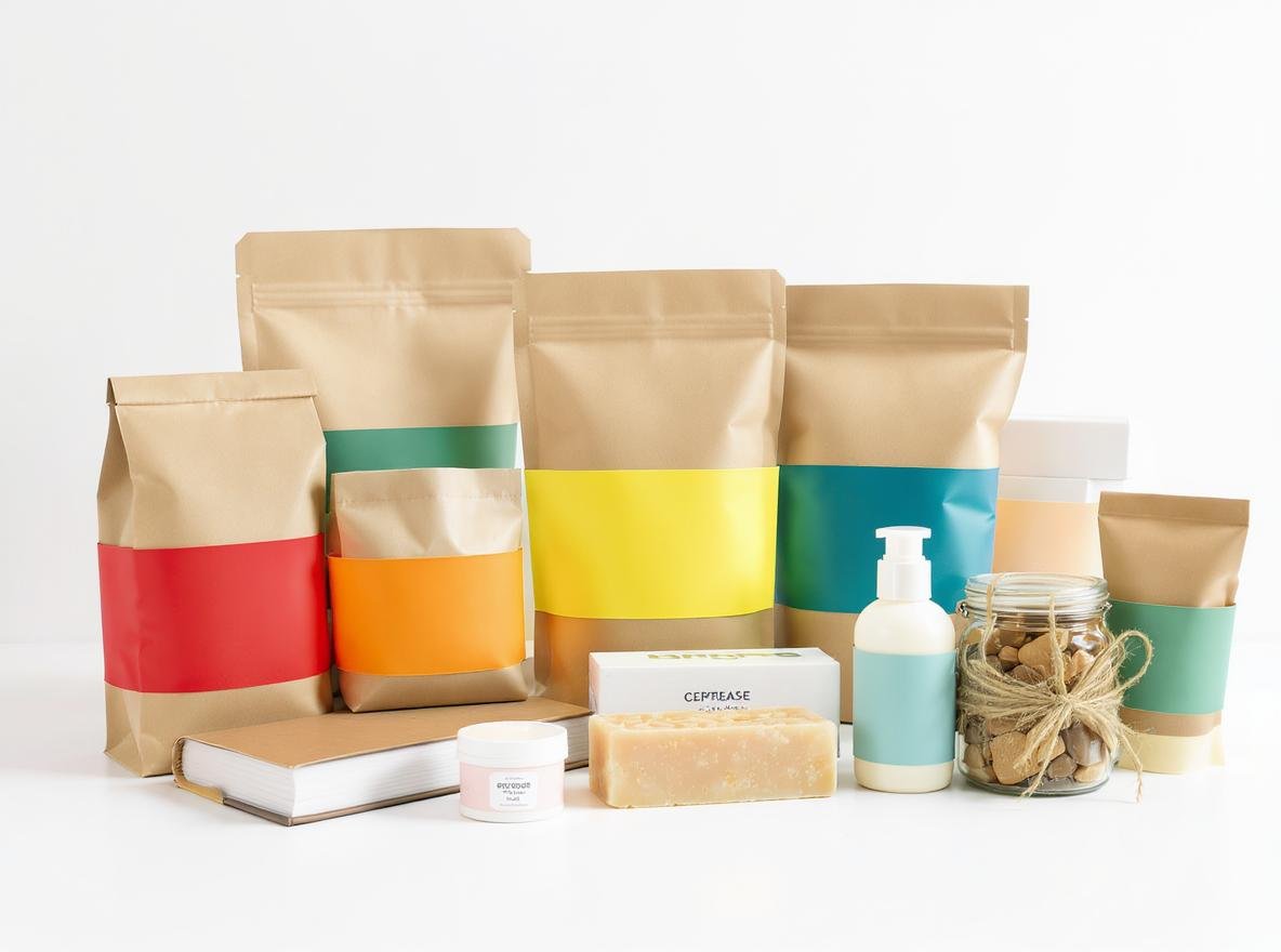 Paper belly bands wrapped around various products including coffee bags soap bars books cosmetic boxes
