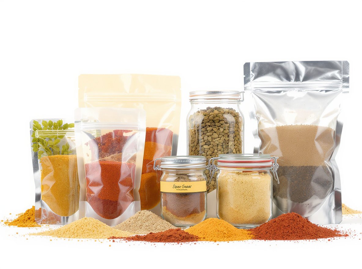 Best packaging options for spices and herbs including pouches, jars, and foil containers