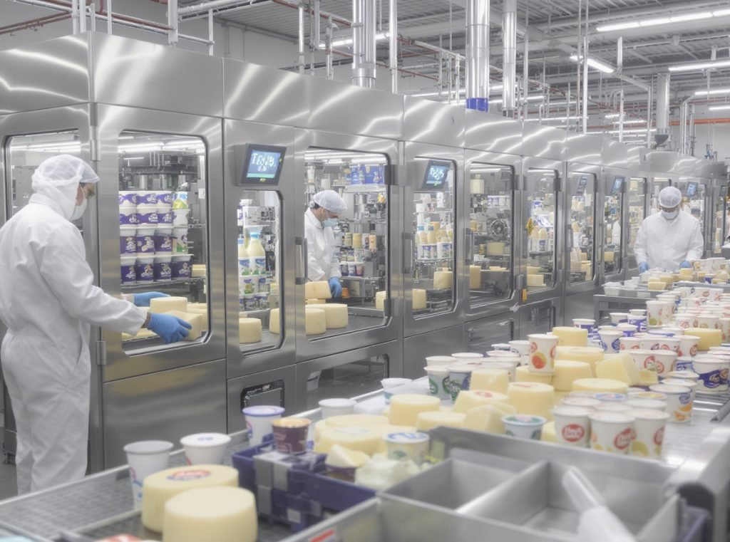Modern dairy packaging facility showing cheese and yogurt packaging process with temperature control systems