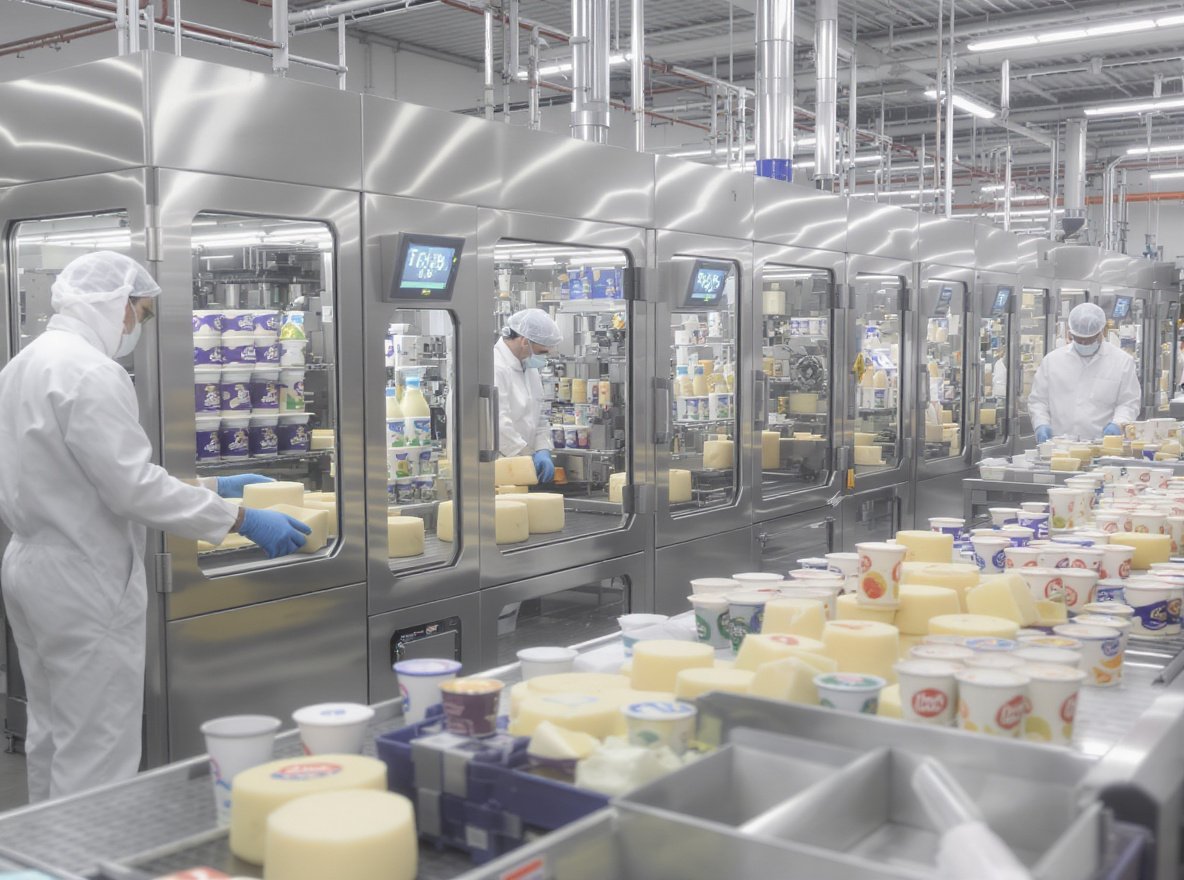 Modern dairy packaging facility showing cheese and yogurt packaging process with temperature control systems