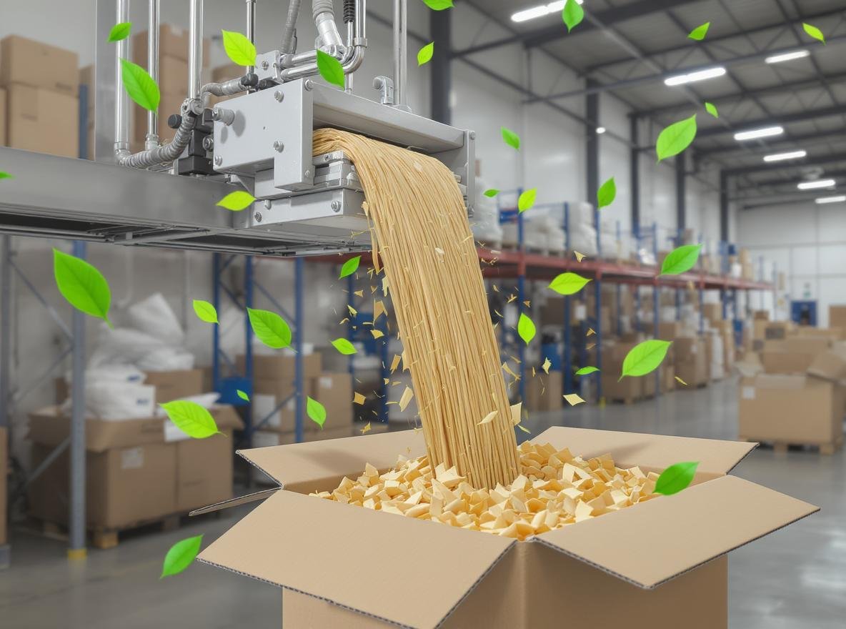 Paper-based void fill dispensing machine filling shipping box with kraft paper in modern warehouse