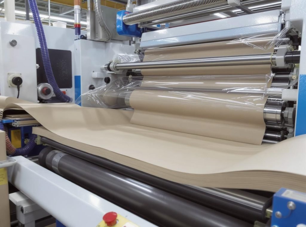 Paperboard lamination process in modern packaging factory showing machinery applying protective films