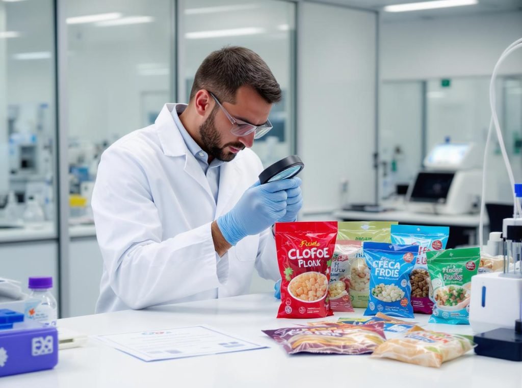 Food safety expert examining flexible packaging pouches for FDA compliance testing