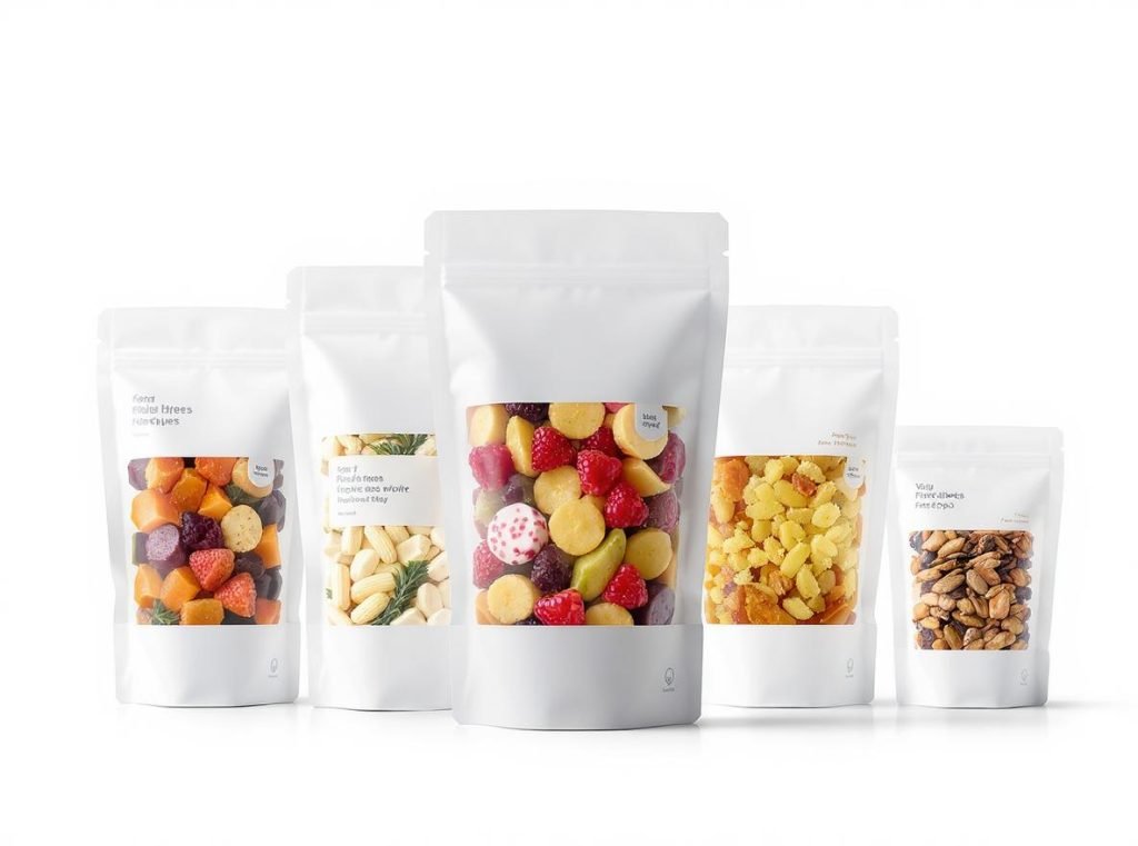 Transparent window stand-up pouches showcasing various food products