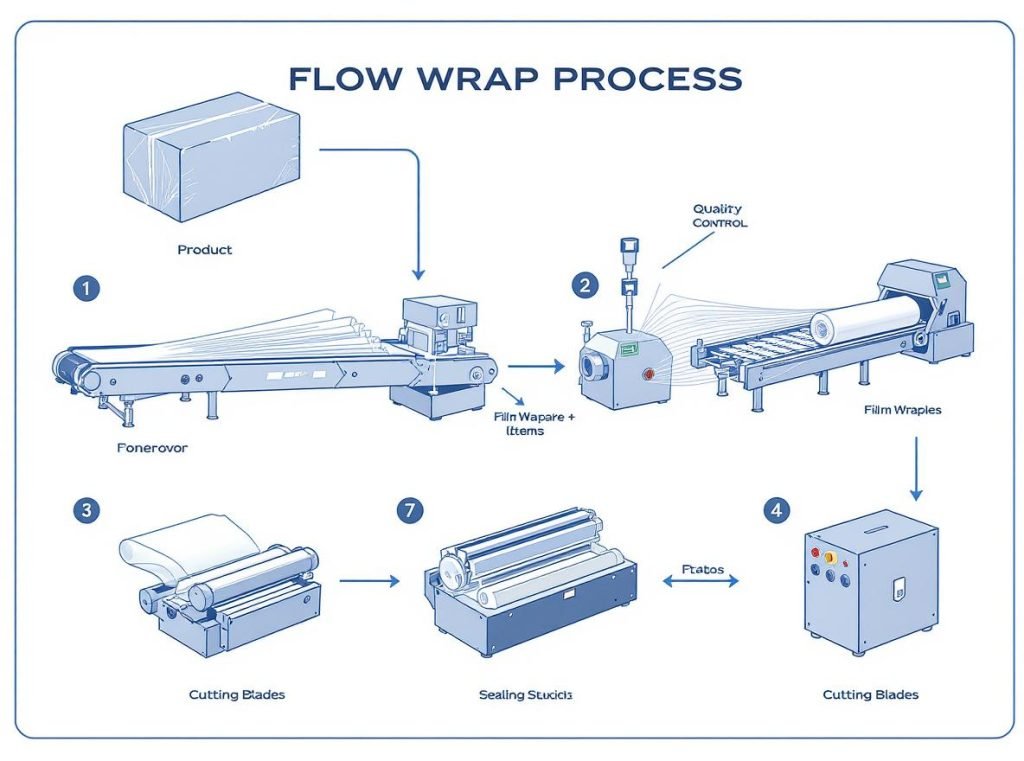 Seven step flow wrap packaging process diagram showing product feeding to finished packages