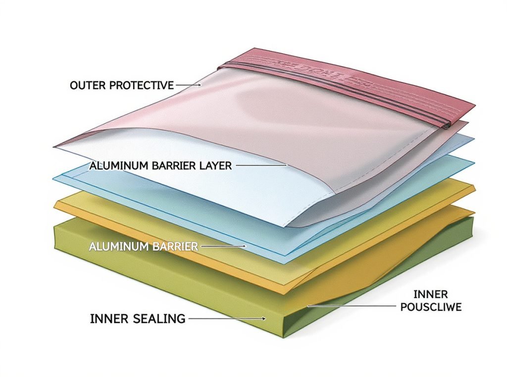 Cross-section diagram showing multi-layer structure of retort pouch construction