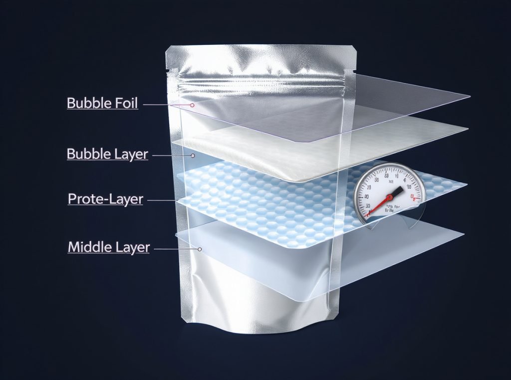 Insulated pouch construction layers - thermal barrier materials for cold chain packaging