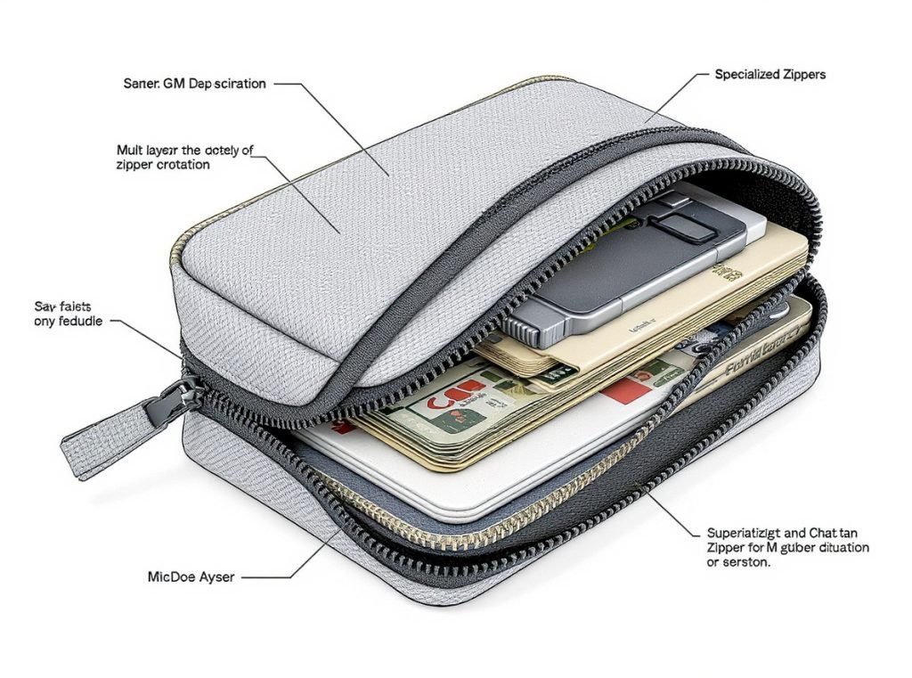 Multi-layer construction diagram of child-resistant flexible pouch showing specialized zipper