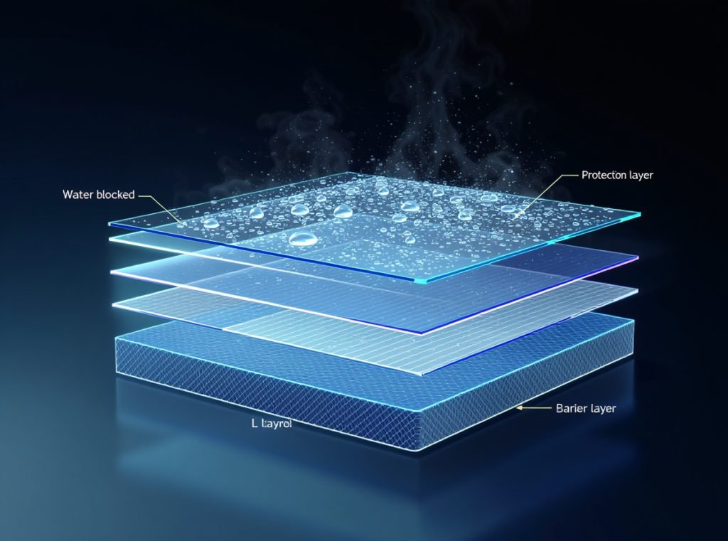 Multi-layer food packaging cross-section showing leak-proof barrier materials and protective layers