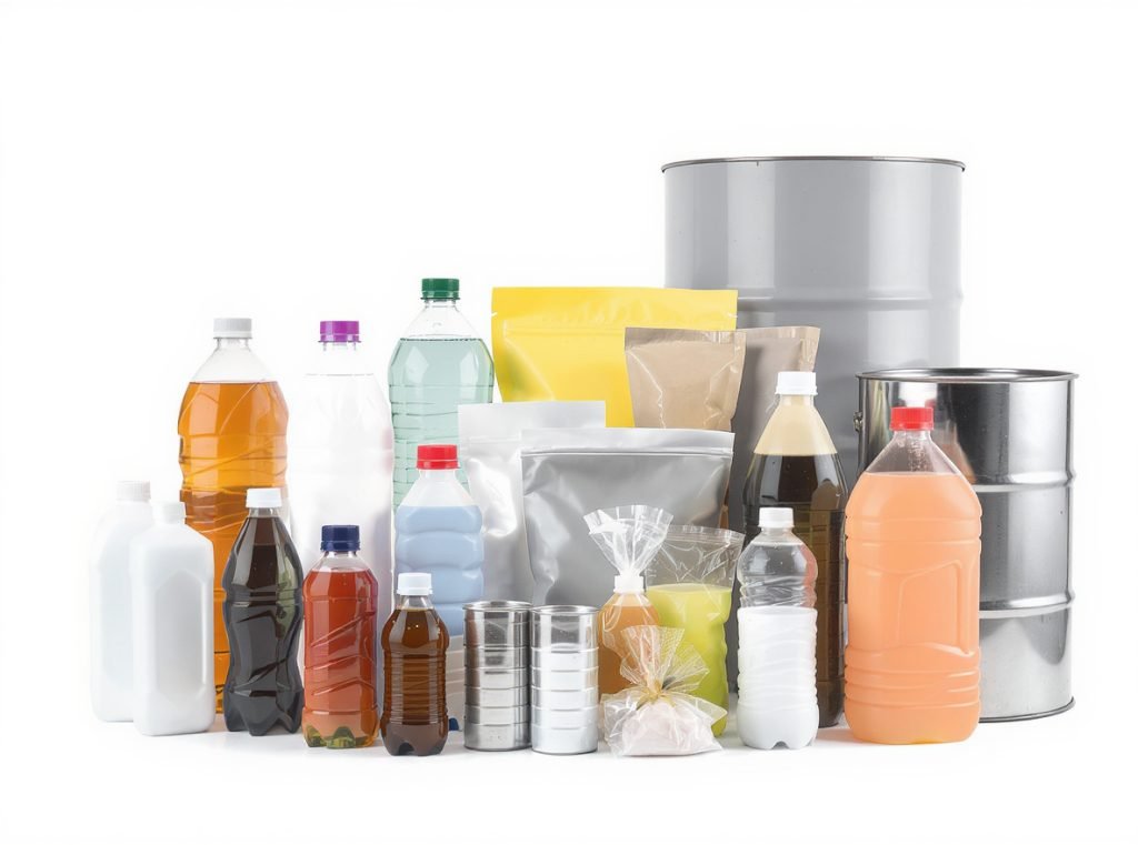 Different types of liquid packaging containers plastic glass metal flexible