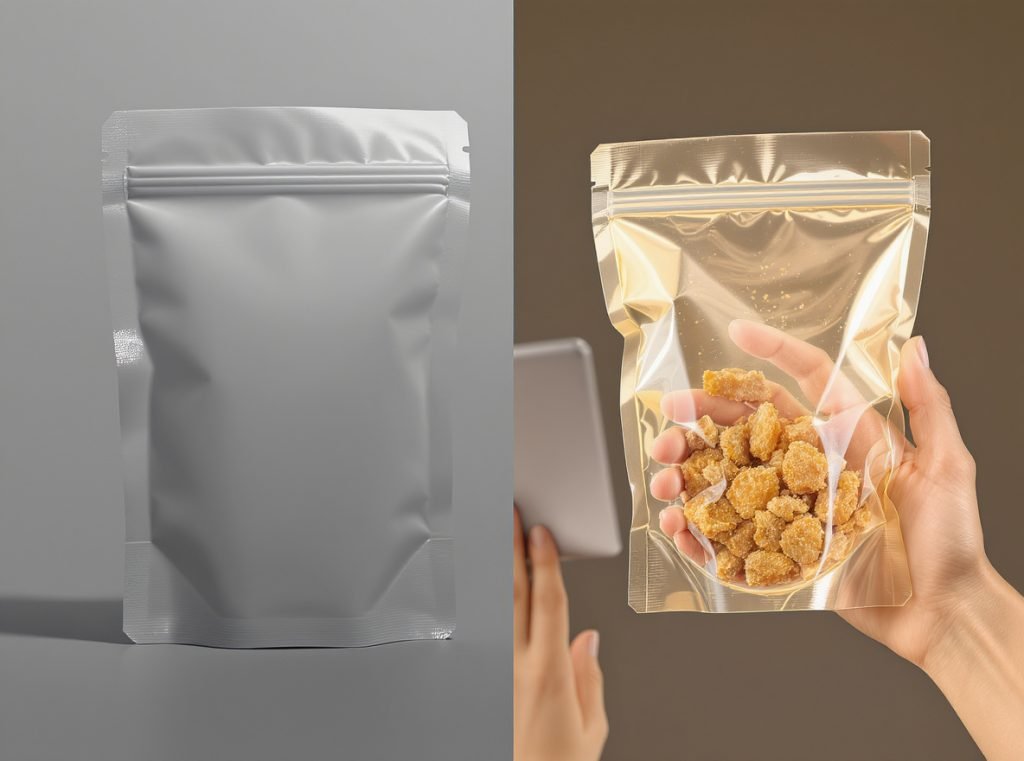 Comparison of opaque versus windowed food packaging showing consumer preference