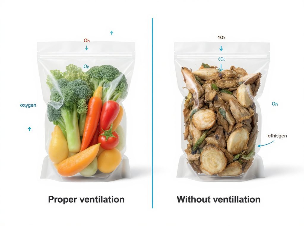 Comparison of fresh produce with and without proper packaging ventilation