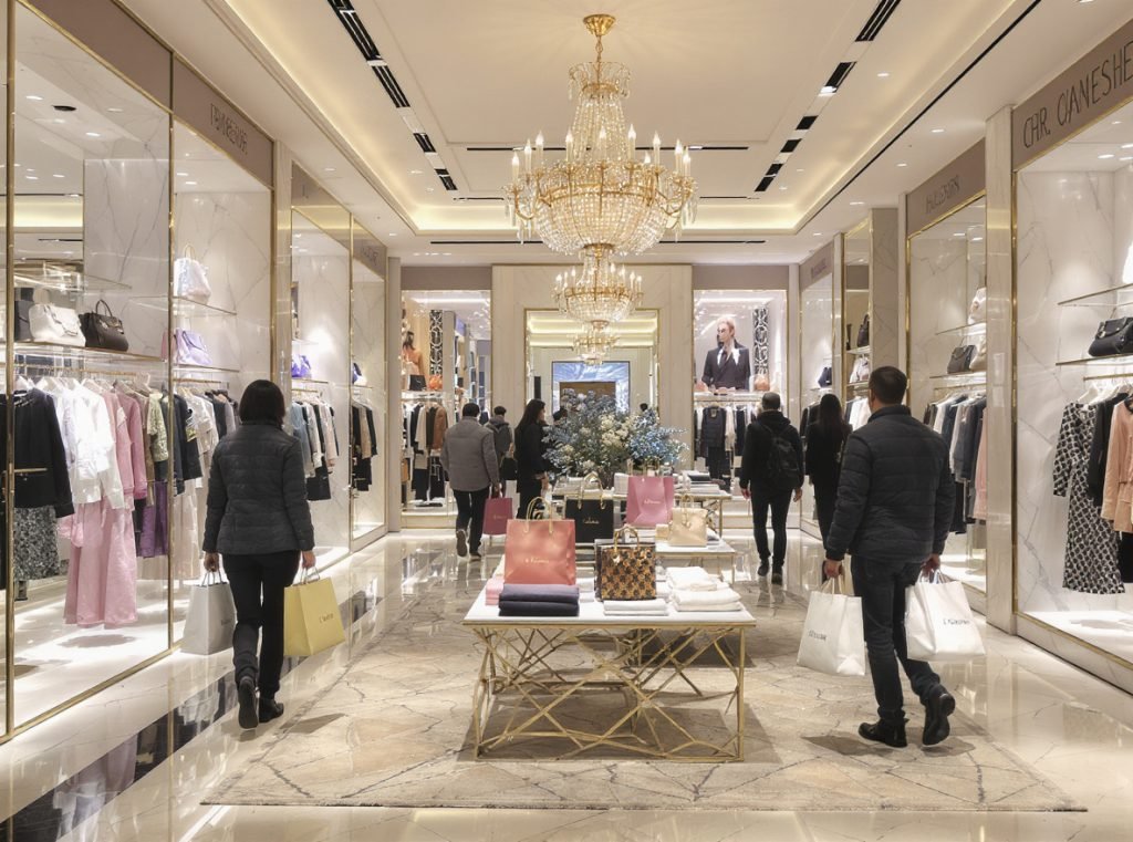 Retail customers carrying custom shopping bags in boutique store