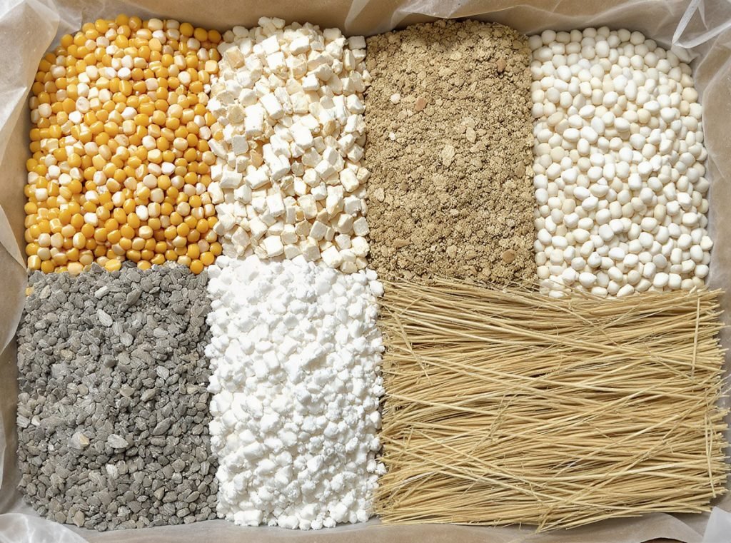 Raw materials for compostable packaging including corn PLA cellulose bagasse and wheat straw