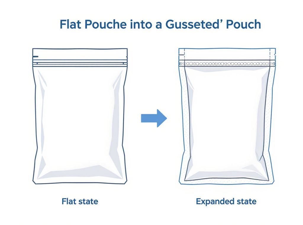 Technical diagram showing how gussets transform flat pouches into three-dimensional expandable packaging