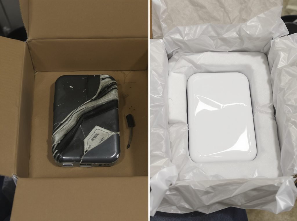 Comparison of damaged product without void fill versus protected product with proper packaging