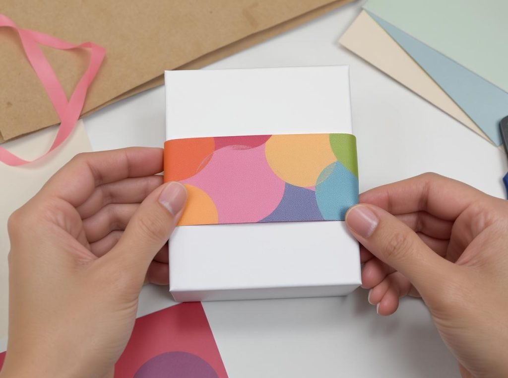 Hands applying paper belly band to white packaging box showing materials and application process