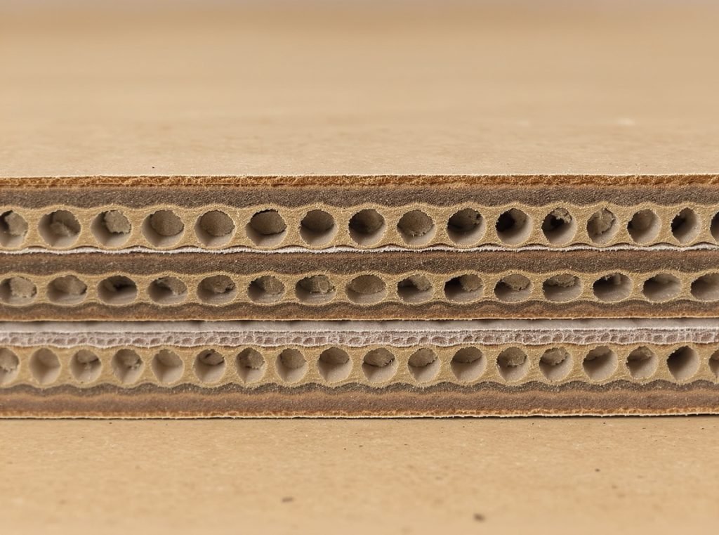 Cross-section of corrugated cardboard showing three-layer construction for pizza boxes