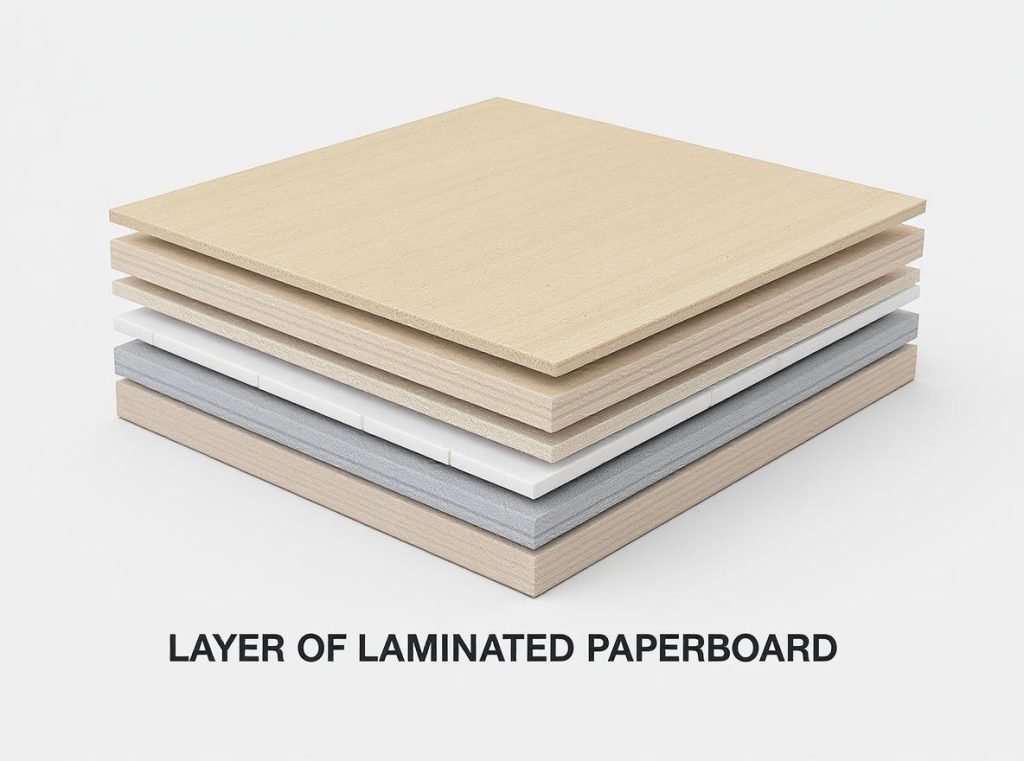 Cross-section diagram showing layers of laminated paperboard structure and bonding process