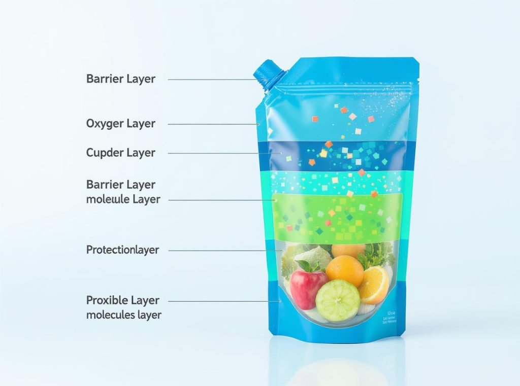 Multi-layer flexible packaging pouch cross-section showing food safety barrier layers