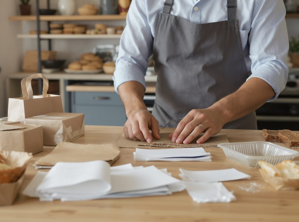 Bakery owner selecting optimal packaging materials for business success