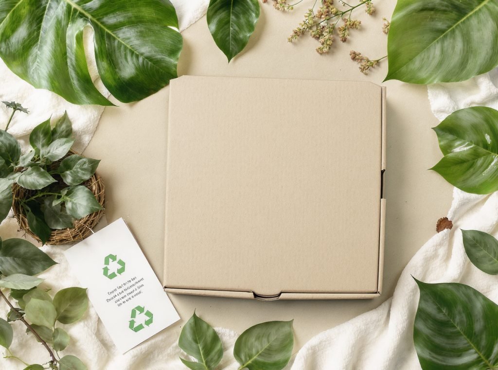 Sustainable pizza boxes with recycling symbols and eco-friendly certifications