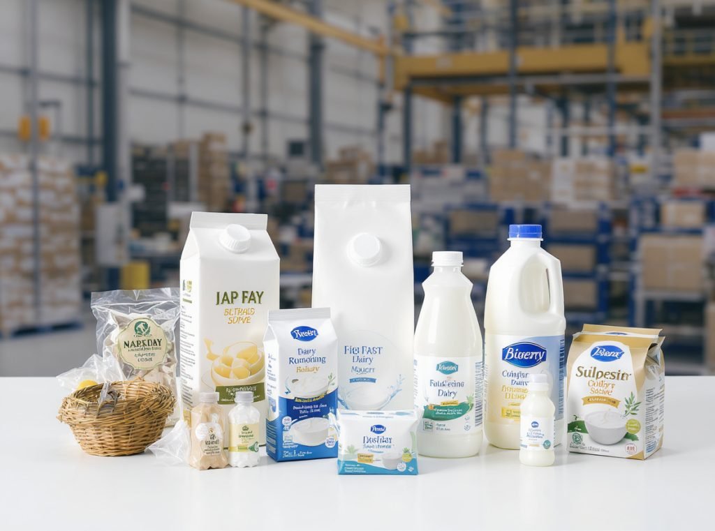 Comprehensive dairy packaging solutions overview showing various protective packaging types and quality systems