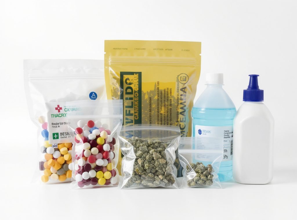Various industry products using child-resistant flexible pouches including pharmaceuticals and chemicals