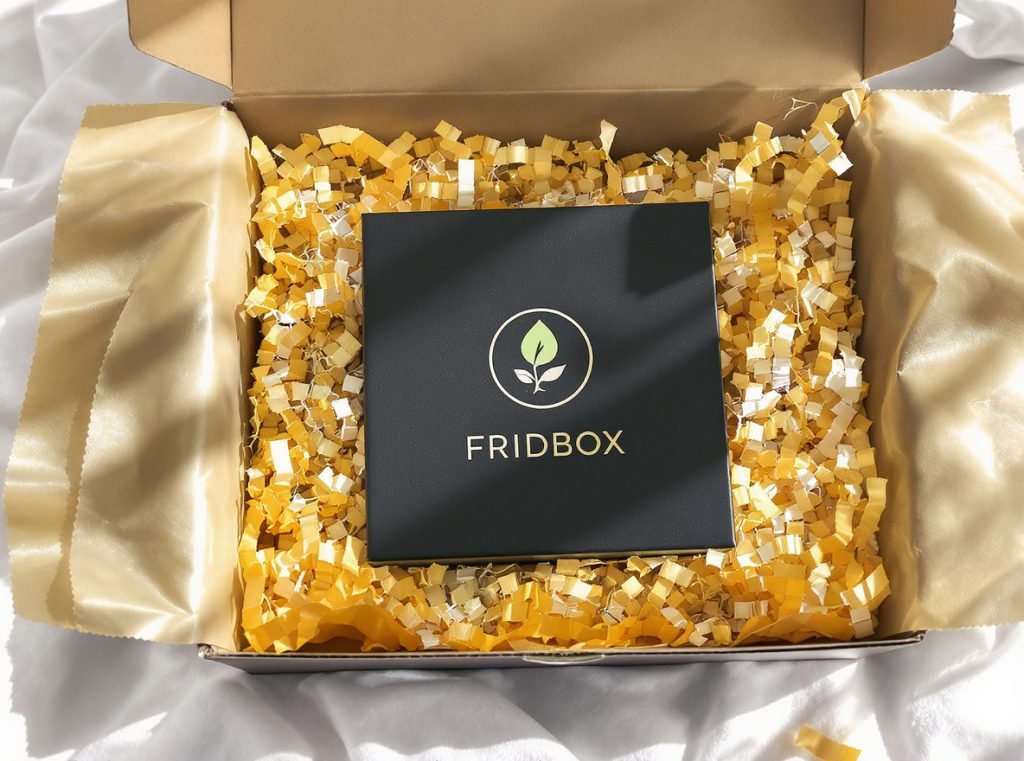 Premium gift box with colorful crinkle-cut paper showing eco-friendly packaging advantages