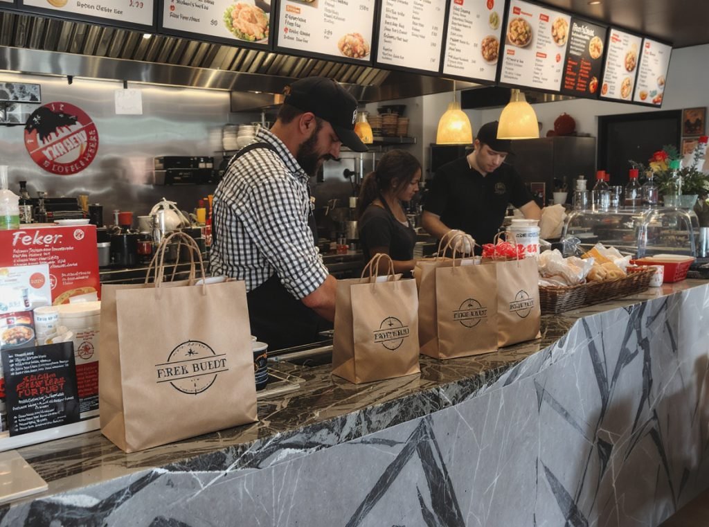 Restaurant staff preparing takeout orders with custom branded bags