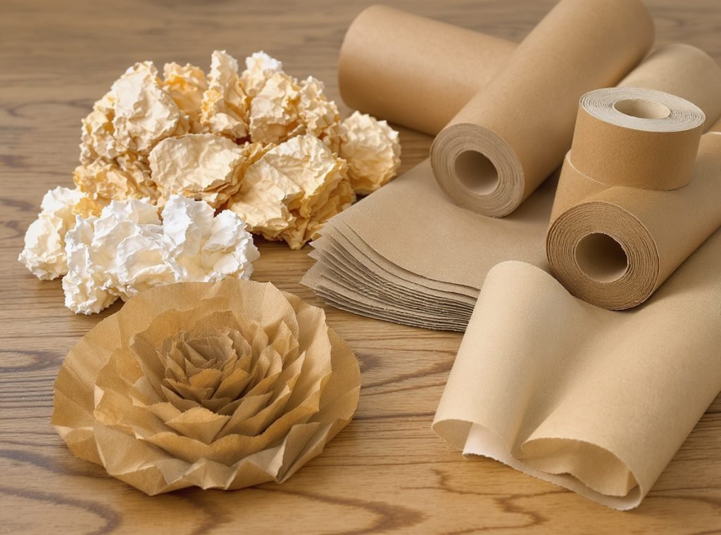 Paper-based void fill materials including kraft paper and honeycomb packaging