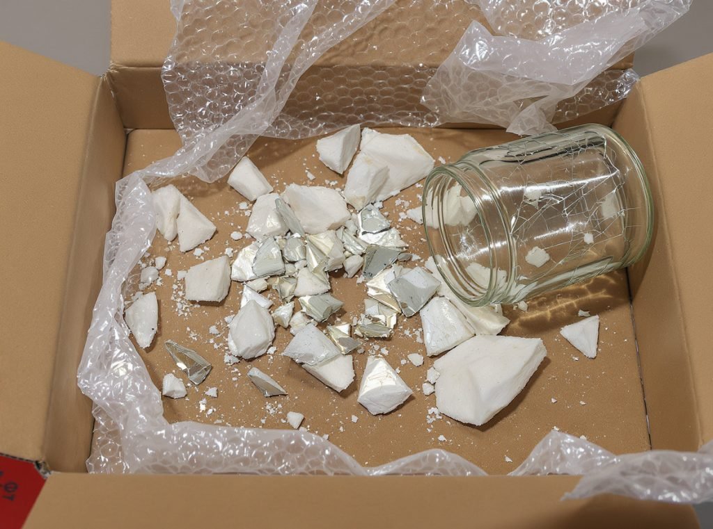 Broken glass jar showing packaging fragility and shipping risks