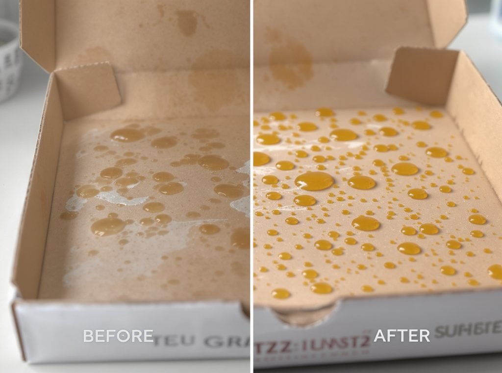 Comparison showing grease-resistant coating effectiveness on pizza box interior