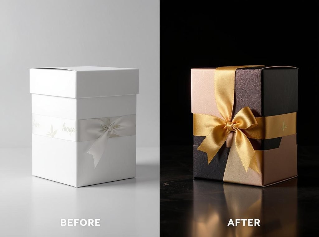 Before after comparison plain boxes versus boxes with paper belly bands showing premium appeal