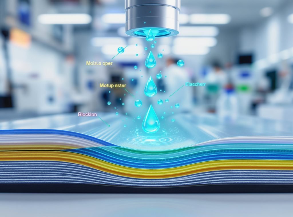 Multi-layer barrier packaging film cross-section showing moisture and oxygen protection for dairy products