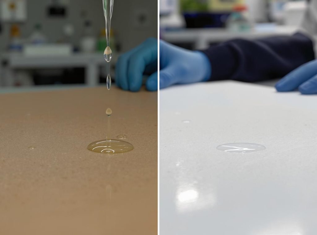 Water resistance test comparing laminated and regular paperboard with water droplets
