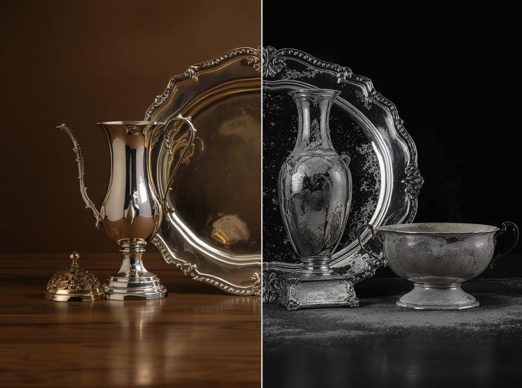 Comparison showing pristine vs tarnished silver items - when to use anti-tarnish paper