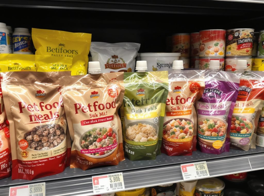 Various food products packaged in retort pouches including pet food, ready meals, and baby food