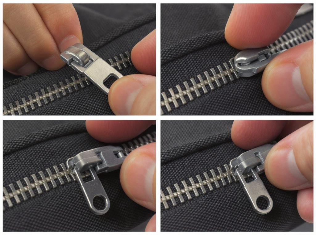 Child-resistant zipper system showing specialized tabs and locking mechanism operation