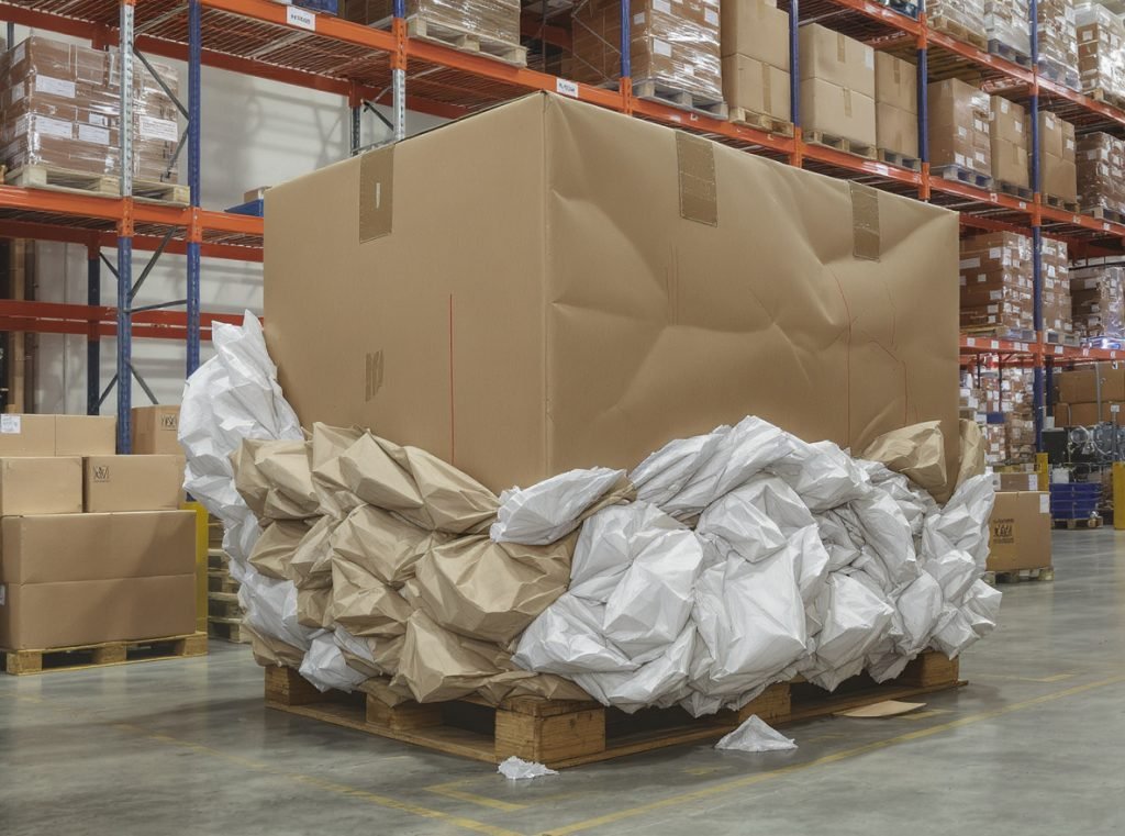 Heavy box compressing crinkle paper showing weight and storage disadvantages of paper filler