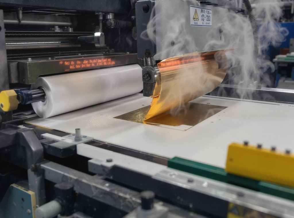 Industrial foil stamping machine processing thick cardstock with specialized equipment