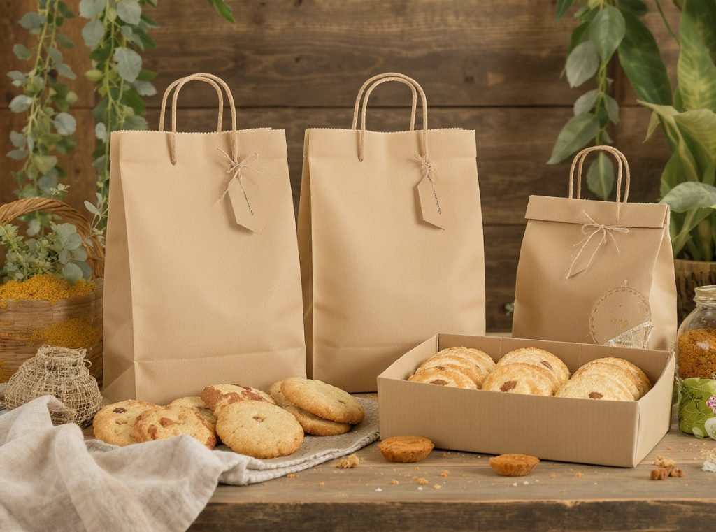 Eco-friendly kraft paper bakery packaging with artisanal baked goods