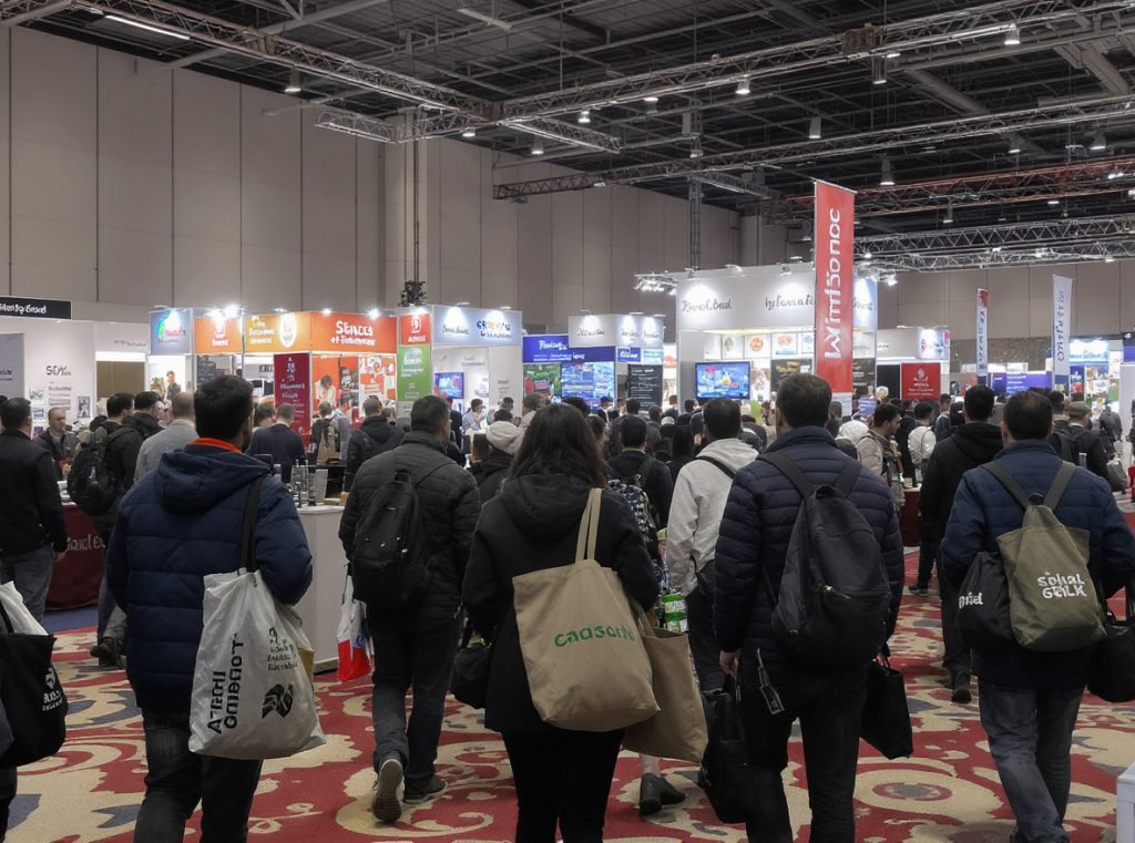 Trade show attendees carrying custom promotional bags at business exhibition