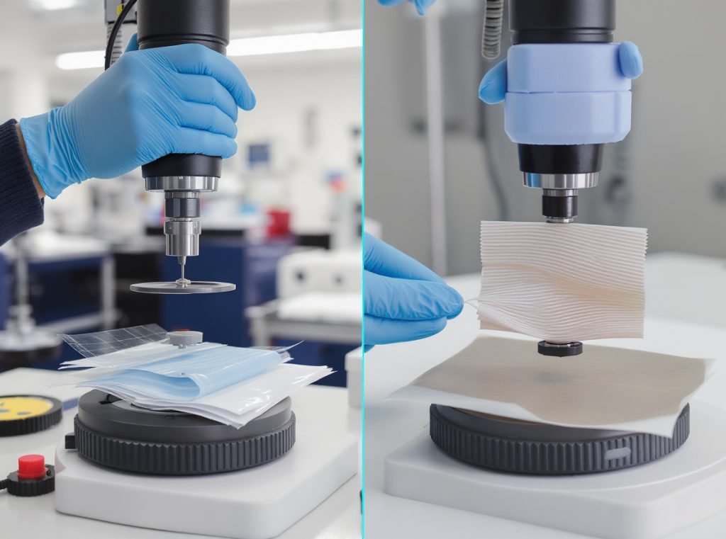 Strength testing of compostable flexible packaging showing performance comparison with traditional materials