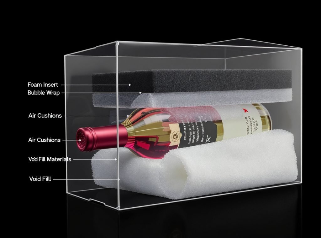 Wine bottle cushioning protection layers foam bubble wrap void fill