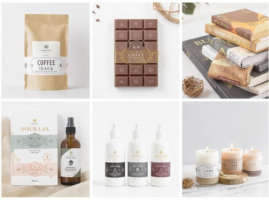 Various industry products with custom belly bands including coffee chocolate soap books cosmetics candles