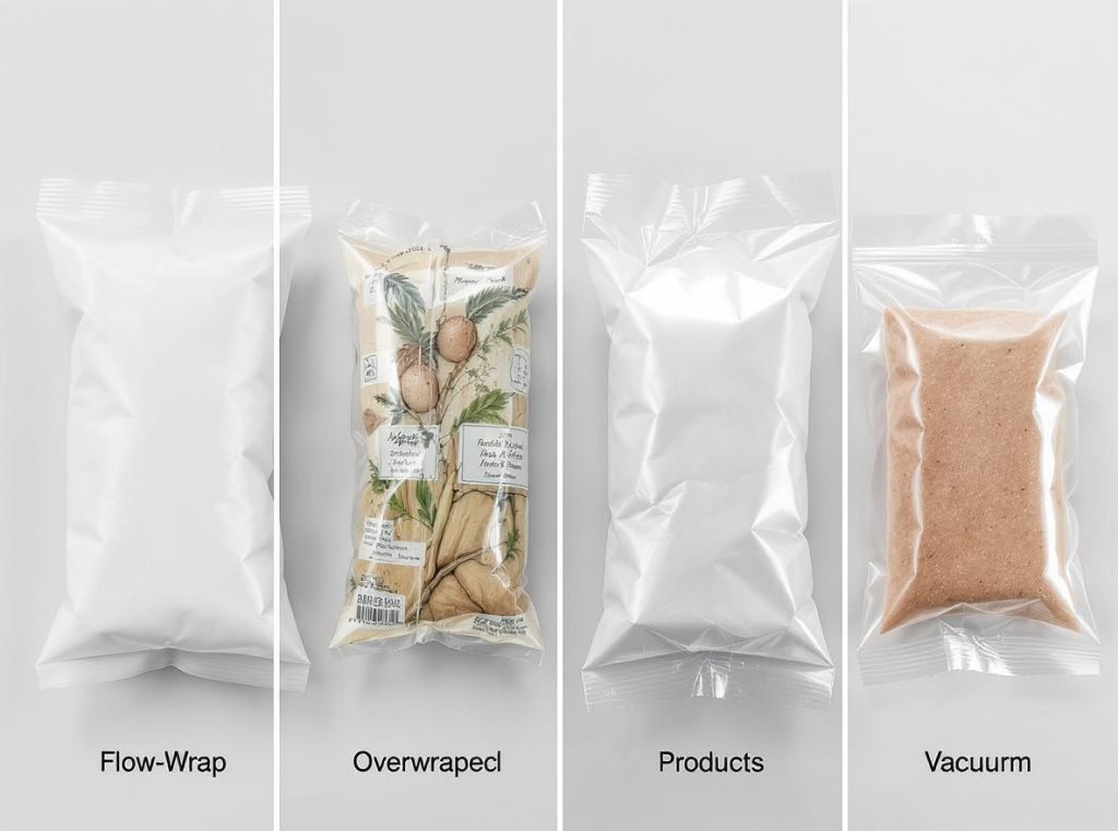 Comparison of flow wrap overwrap shrink wrap and vacuum packaging methods showing differences