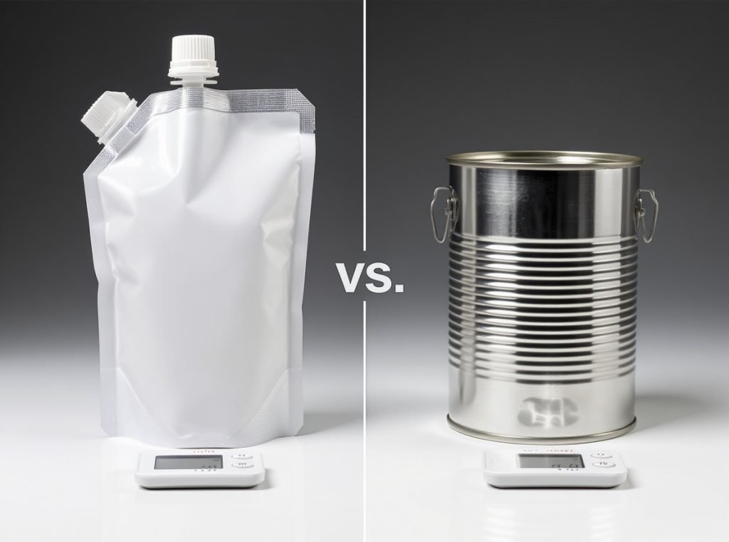 Comparison between retort pouches and metal cans showing weight and storage advantages