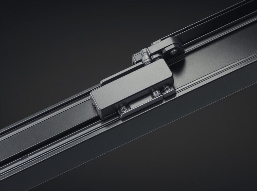 Track and slider child-resistant closure system showing rail mechanism and slider component