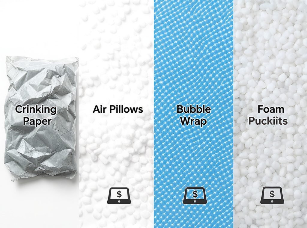 Packaging filler comparison showing crinkle paper versus air pillows bubble wrap and foam alternatives